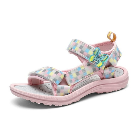 

Girls Cute Casual Elegant Colorful Palid Print Sandals With Butterfly Decoration Lightweight Breathable Beach Shoes With Hook And Loop Fastener For Summer