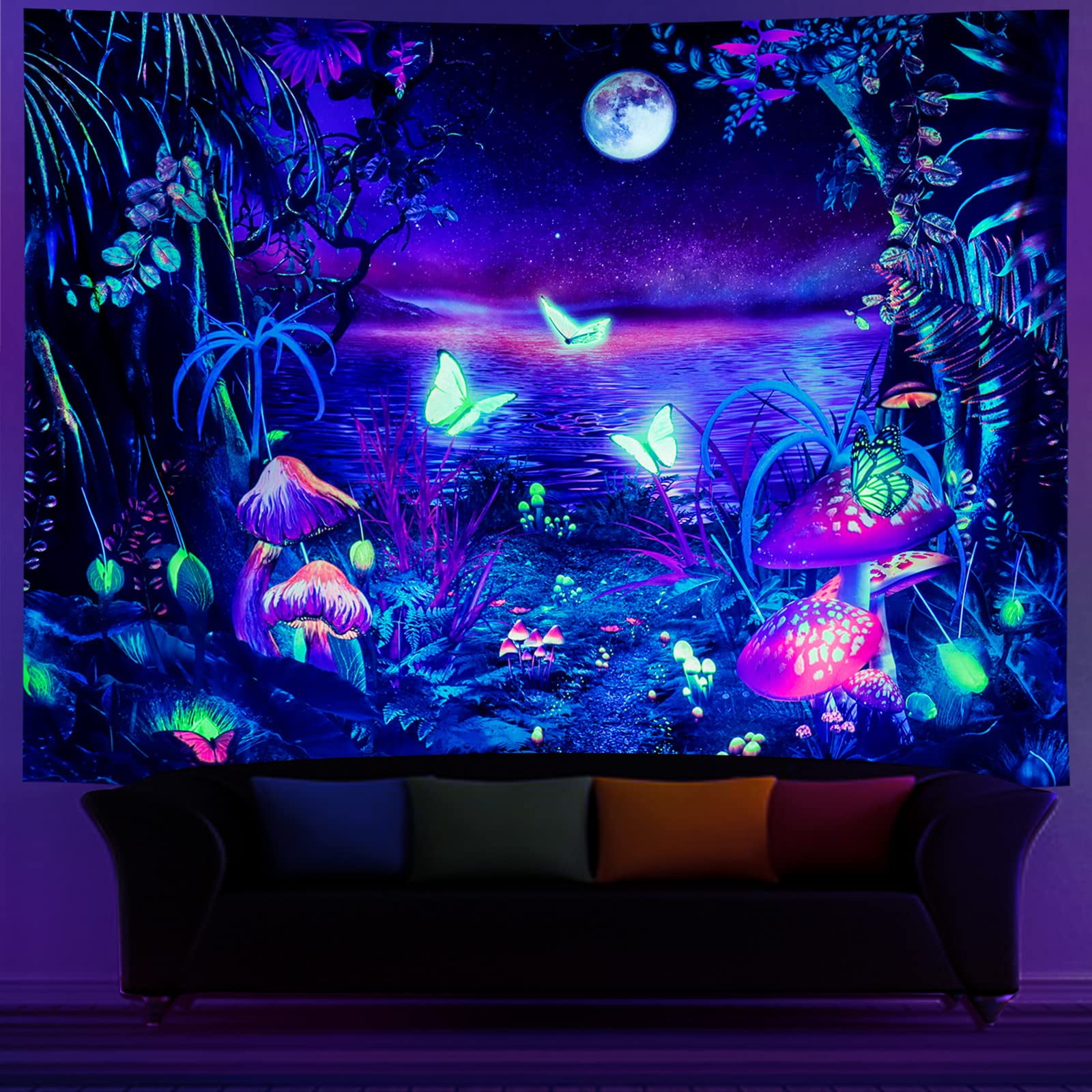 Minhin Blacklight Astronaut Tapestry UV Reactive Mushroom Jellyfish  Tapestries for Room,79* 59 