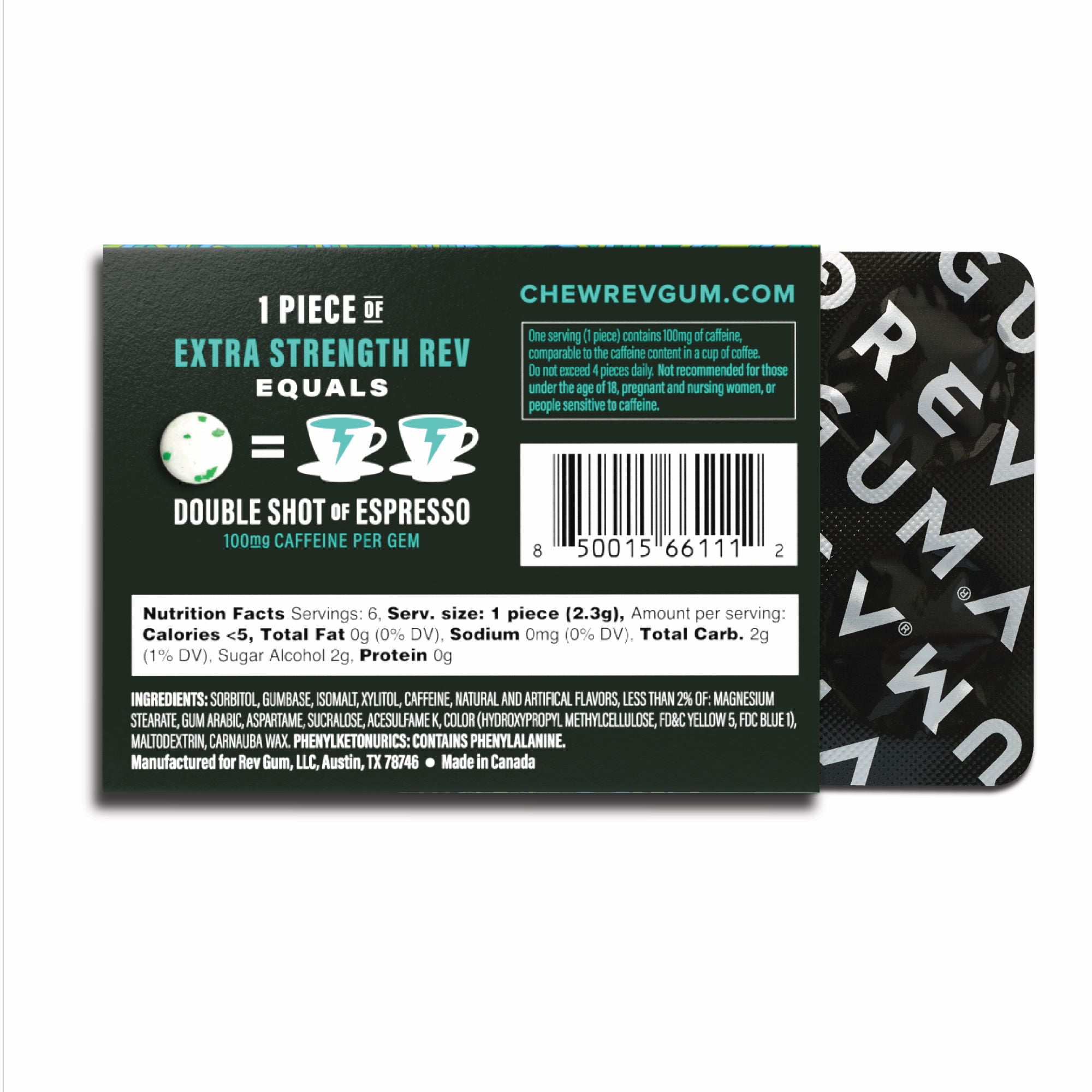 Rev Gum Sugar Free Extra Strength Spearmint Energy Gum, 12 Pks (72 Count)