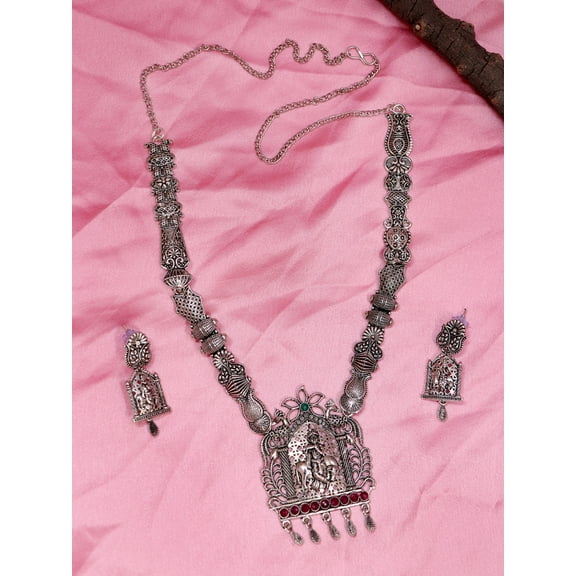 Silver-Plated Traditional Temple Kemp Goddess Shri Krishna Square Pendant Necklace & Earring Sets RAS88