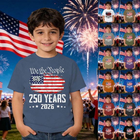 250 Anniversary Anniversary Patriotic Print Short Sleeve Casual Summer Tee Kids 4Th of July Shirt Army Green 2-3 Years