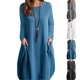 thumbnail image 4 of Vestido de manga larga con bolsillo, color puro, cuello redondo, cómodo vestido casual para mujer, 4 of 6