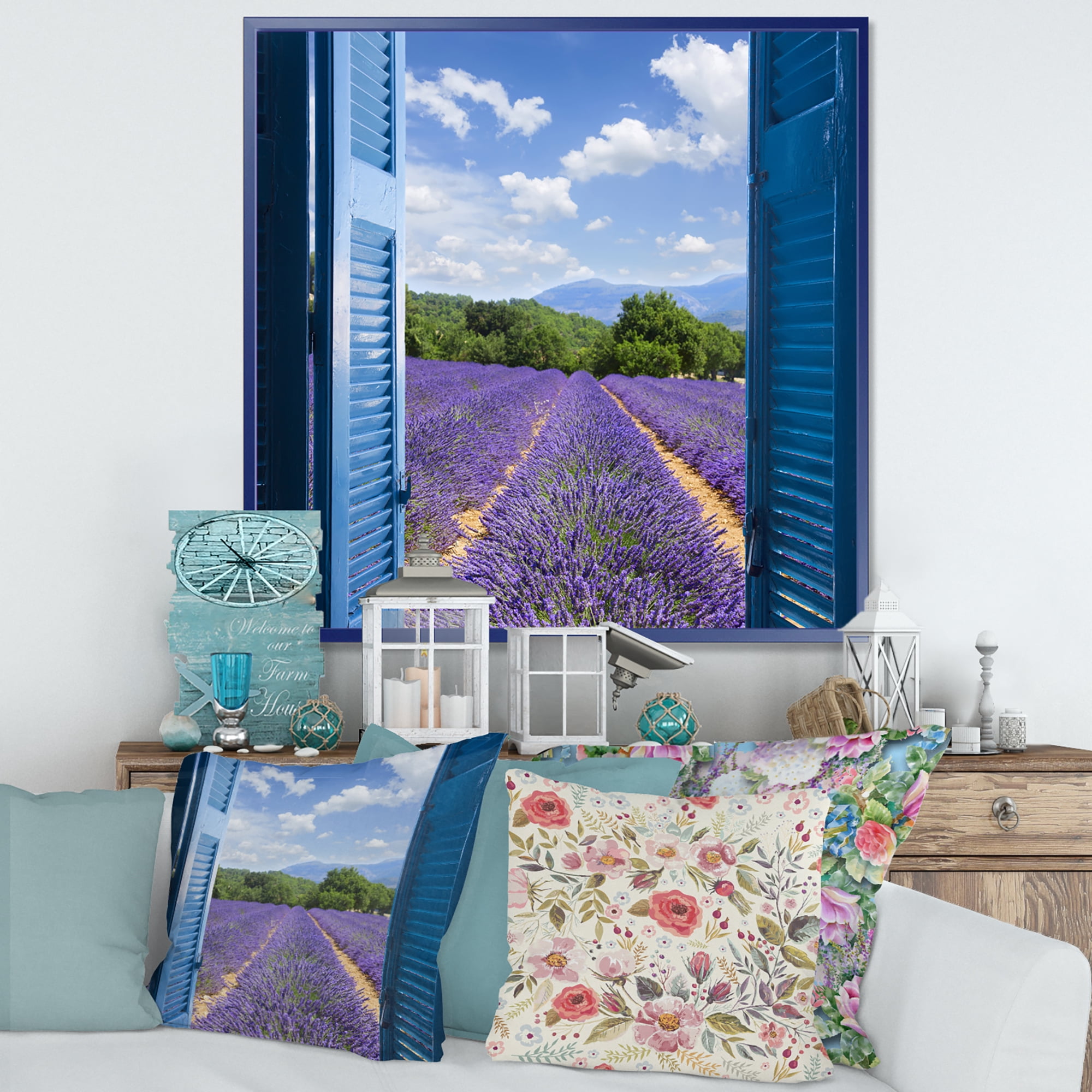 Designart 'View of Lavender Field Through Blue Open Cottage Window' Farmhouse Framed Canvas Wall Art Print