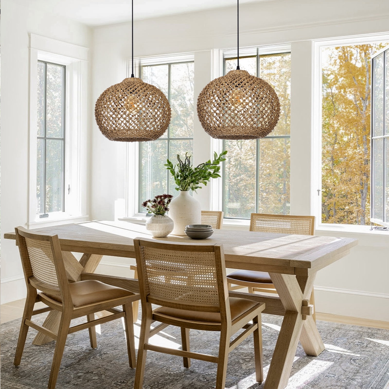 LittleGlovo Boho Rattan Pendant Light With 3-Light Hand Woven Wicker Design, Natural Seagrass Chandelier For Dining Room, Living Room, Bedroom, Kitchen, And Farmhouse Decor