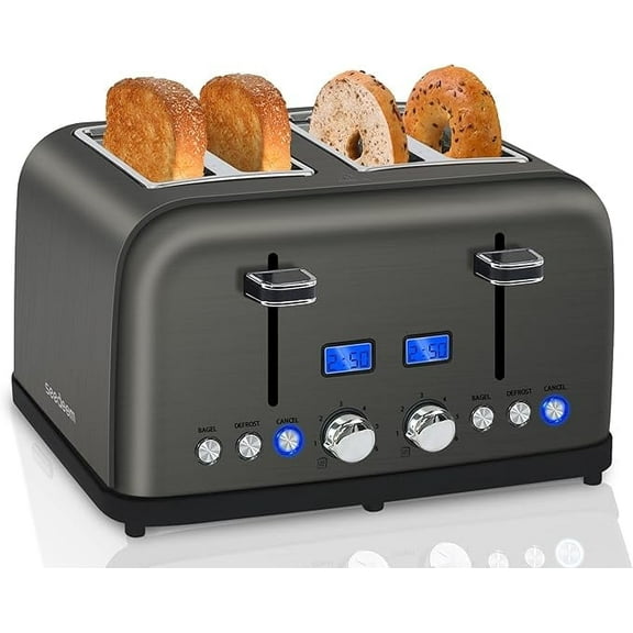 SEEDEEM Toaster 4 Slice, LCD Display, 6 Shade Settings, 1.5'' Wide Slots, Digital Stainless Toaster for Bagel, Defrost, Reheat, Dual Control, Removable Crumb Tray, 1500W, Dark Metallic