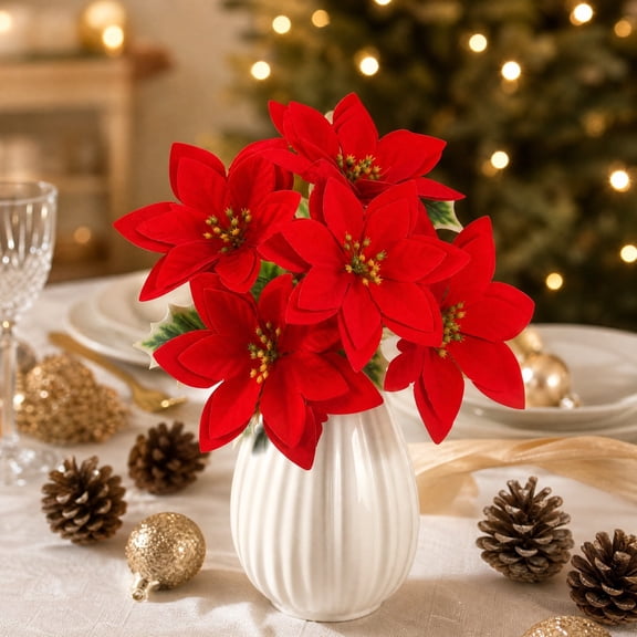 3 Pcs Christmas Artificial Flowers Poinsettia Flowers Red 7 Heads Silk Poinsettia Christmas Floral Bouquet Winter Artificial Poinsettia Bushes for Xmas Party Holiday Arrangements Decoration…