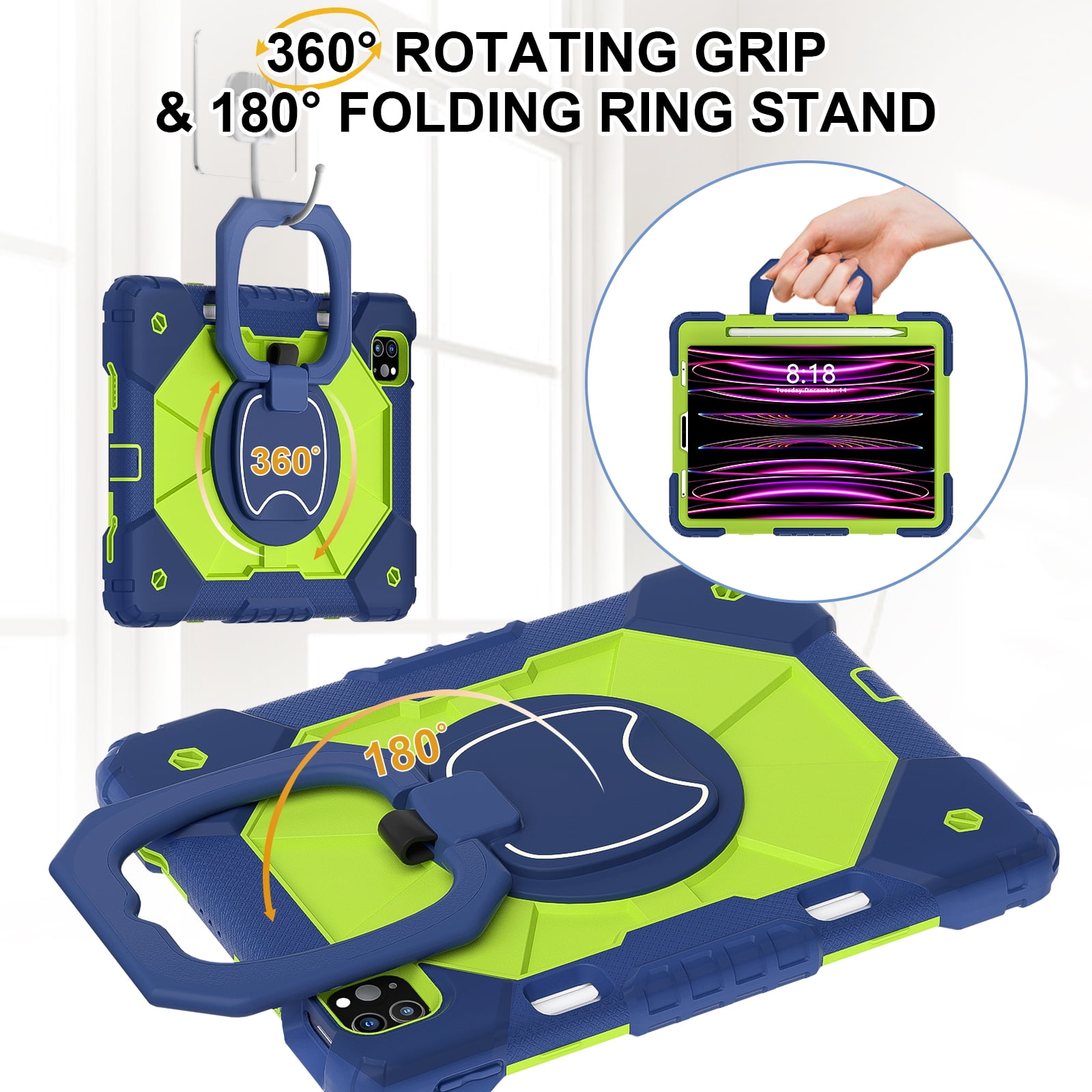 Shockproof Case for Apple iPad Air 11 Inch M4 M3 M2 2026 2025 2024, Build in Pencil Holder Rotating Stand Shoulder Strap Bumper Shockproof Rugged Kids Friendly Case Cover for iPad Air 11", Blue+Olive