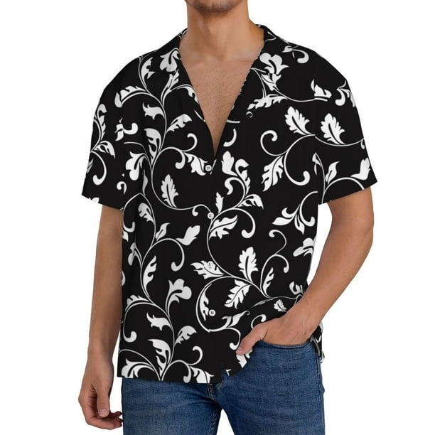 Fotbe Black White Leaves Camisa Estampada de Manga Corta para Hombre, Casual de Verano, Estilo Playero, Sin Arrugas-Small