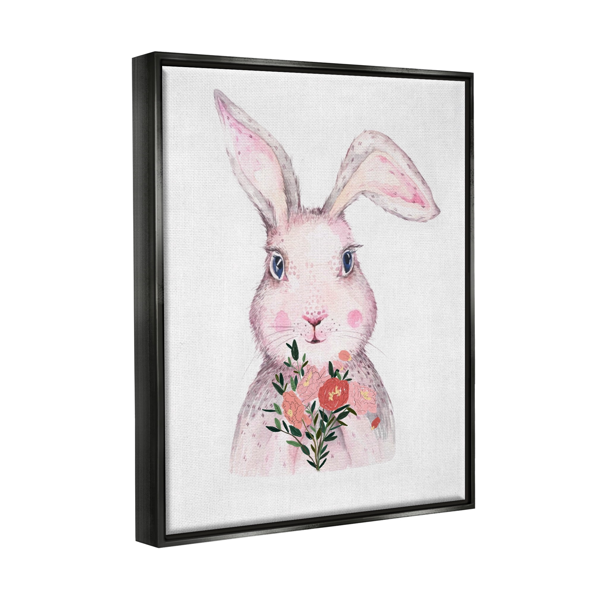 Stupell Industries Pink Bunny & Flowers Animals & Insects Painting Black Floater Framed Canvas Art Print Wall Art, 17 x 21