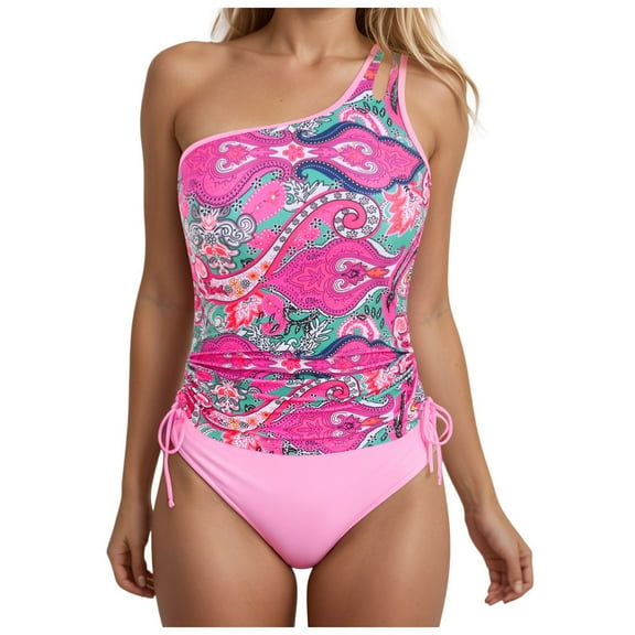 GEWSEY Two Piece Tankini Bathing Suit One Shoulder Swimsuit for Women Tummy Control Swimwear Pink, M