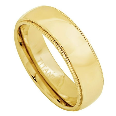 - Men Women 7MM Comfort Fit Titanium Wedding Band Gold Tone Domed Milgrain Edge Titanium Ring (Size 5 to 15)