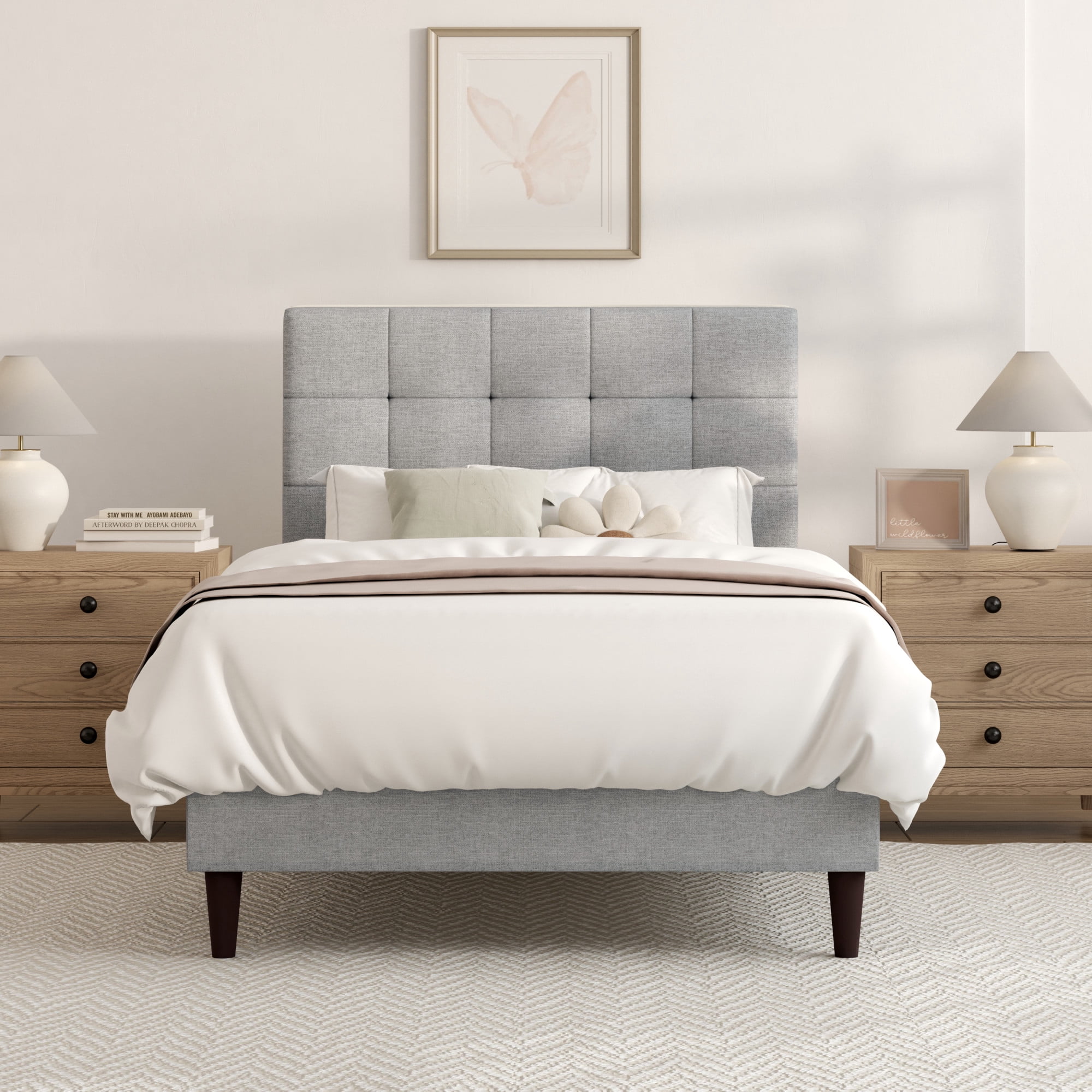 Mainstays Hillside Twin Platform Bed with Square Tufted Upholstered Headboard, Light Gray Fabric