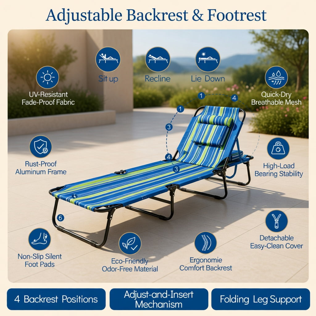 Hommoo Foldable Face-Down Tanning Chair with Adjustable Backrest, 3 Removable Pillows & Face Hole, Blue & Green