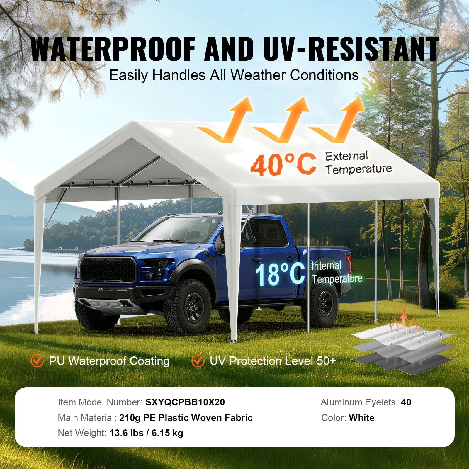 10x20 ft Carport Canopy Replacement Cover, Heavy-Duty Waterproof & UV Resistant, Fits Garage Shelter Tent, Includes Ball Bungees, White (Top Only, No Frame)