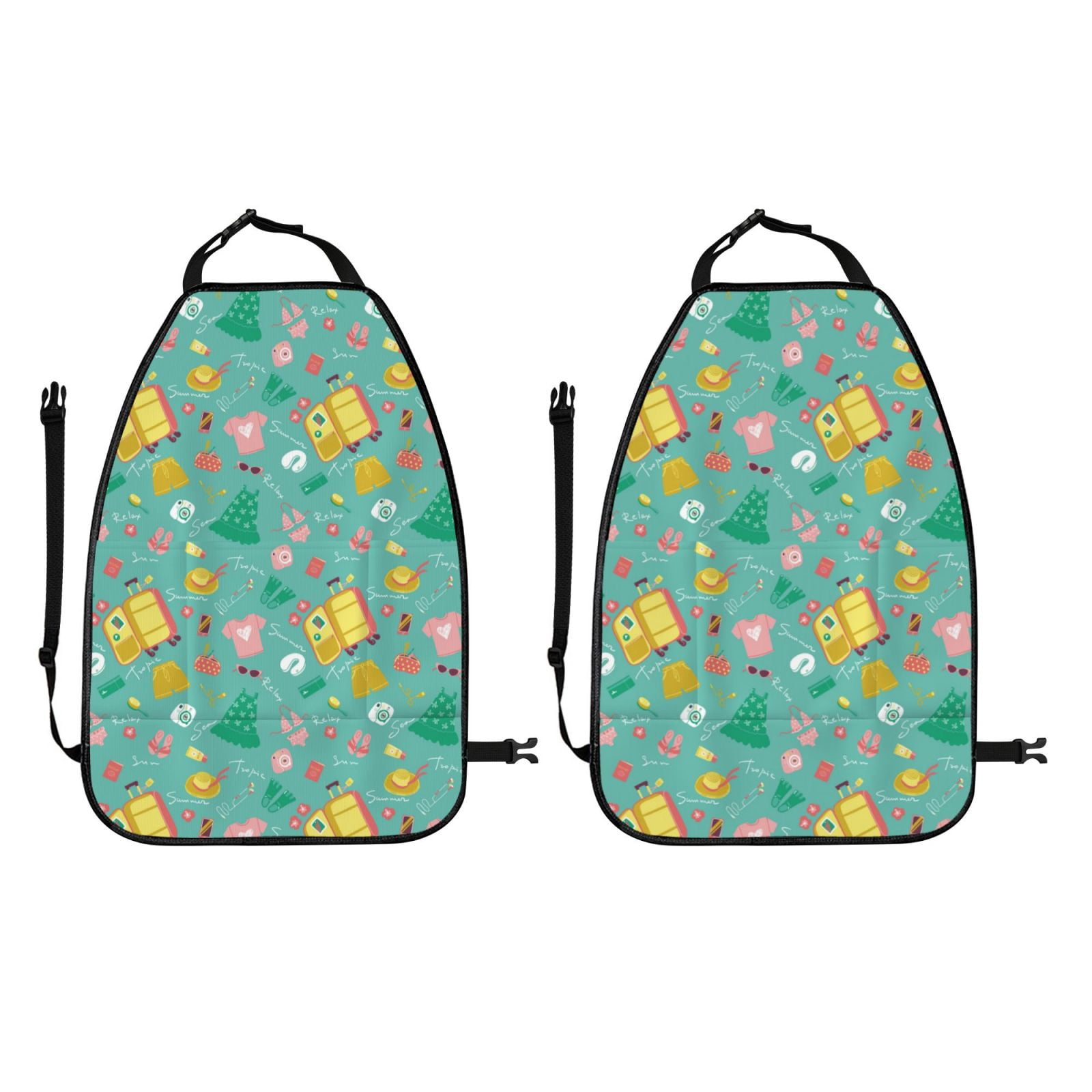 Kdxio Happy Summer Print 2 Pack Car Kick Mat Seat Cover Back Protector Mat with Pockets for Organizer Backseat Protector and Storage Anti Kick Pad for Vehicles