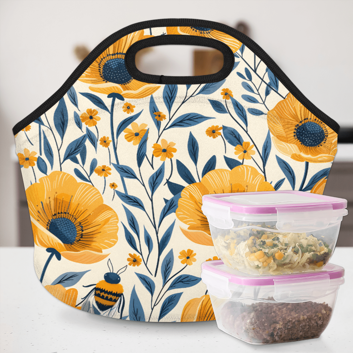 Herdesigns Yellow Floral Neoprene Lunch Bag, Bee Flower Insulated Lunch Box for Women Men Washable Lunch Tote Soft Lunch Container With Zipper for Work Picnic Travel