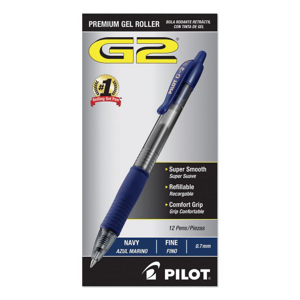 Pilot G2 Premium Gel Pen, Retractable, Fine 0.7 mm, Navy Blue Ink, Smoke/Blue Barrel, Dozen, Each