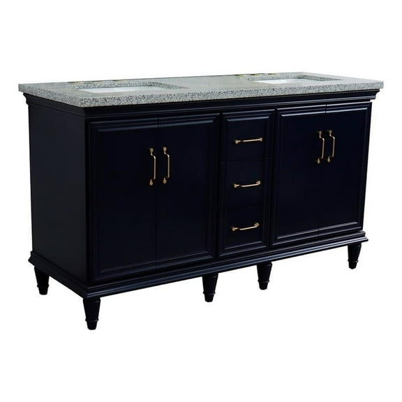 61 in. Double Wooden Vanity Blue Gray Granite Rectangle Sink