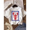 thumbnail image 1 of Girl's Lobster & Letter Print T-Shirt - Casual Crew Neck Short Sleeve Top, Perfect for Spring/Summer/Fall, White with Blue Border Design, 1 of 4