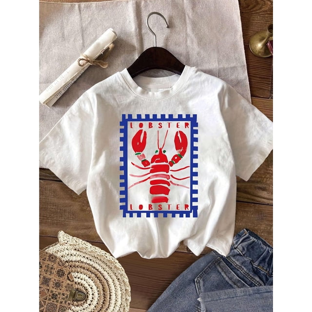 Girl's Lobster & Letter Print T-Shirt - Casual Crew Neck Short Sleeve Top, Perfect for Spring/Summer/Fall, White with Blue Border Design