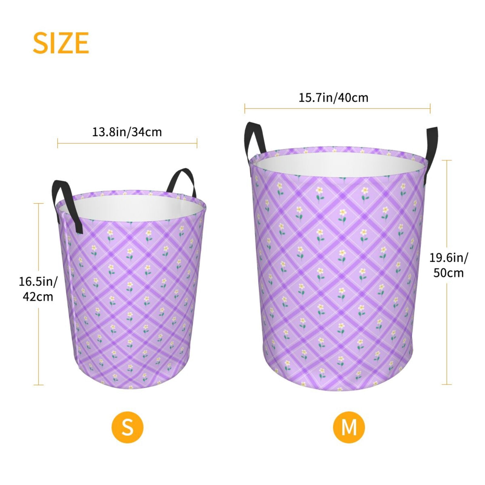 Large Laundry Basket with Handles - Cute Frangipani Lilac Checkered Kids Baby Dirty Clothes Laundry Hamper for Bedroom Aesthetic