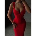 thumbnail image 2 of Red Womens Spaghetti Strap V-Neck Bodycon Midi Dress, Elegant Cocktail Party Gown, 2 of 8