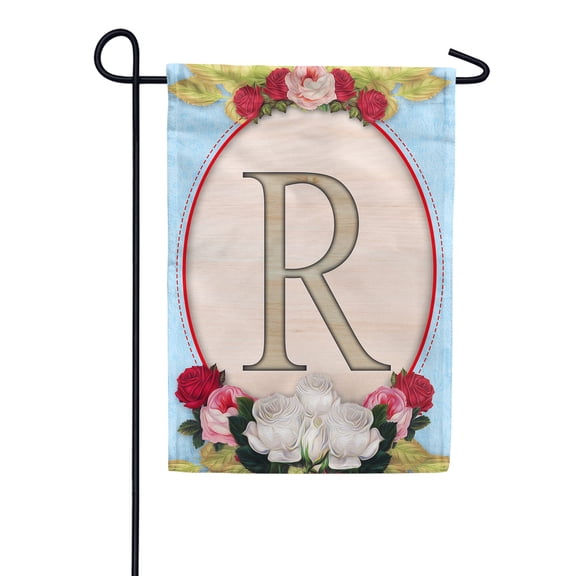 America Forever Spring Monogram Garden Flag Letter R 12.5 x 18 inches Double Sided Vertical Outdoor, Yard, Lawn, Beautiful Floral Design, White, Red, Pink Roses, Summer Flower Garden Flag