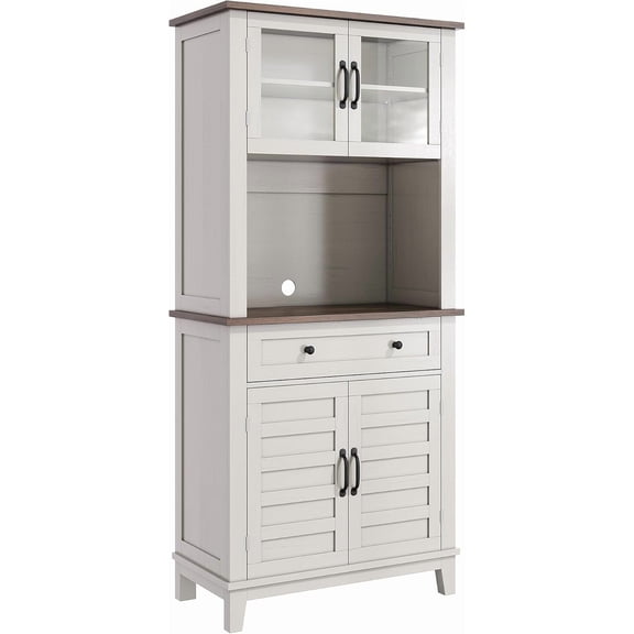 Pantry Cabinet with Charging Station, Tall Kitchen Pantry Storage Cabinet with Microwave Stand, 2 Glass Doors for Living Room, Dining Room