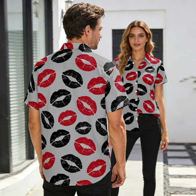 Blusa y camisa de manga corta con cuello vuelto, moda para hombre y mujer, informal, de manga corta, con estampado y cuello vuelto, con botones.