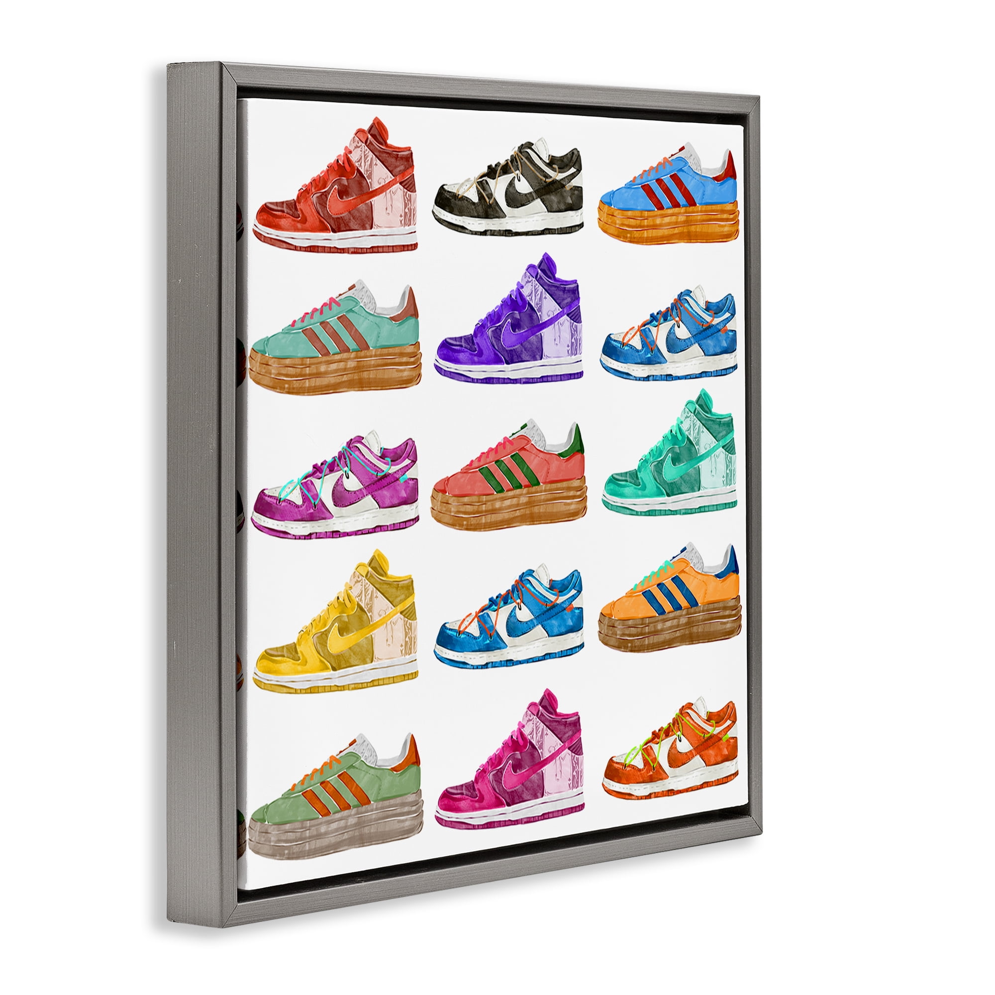 Stupell Industries Fashion Sneakers Array Fashion Painting Gray Floater Framed Canvas Art Print Wall Art, 25 x 25