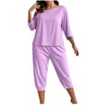 thumbnail image 4 of ylioge XL-5X Plus Size Pajama Sets for Women 2 Piece 3/4 Sleeve Tops and Capris Pants Casual Solid Color Comfortable Loungewear Homewear Pajamas, 4 of 5