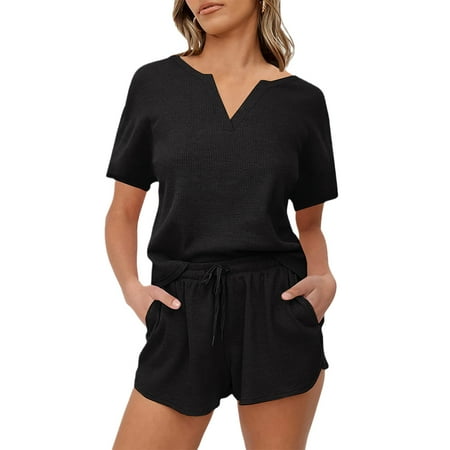 

Women s Summer Waffle Knit Pajama Set V-Neck Short Sleeve Top and Shorts with Pockets