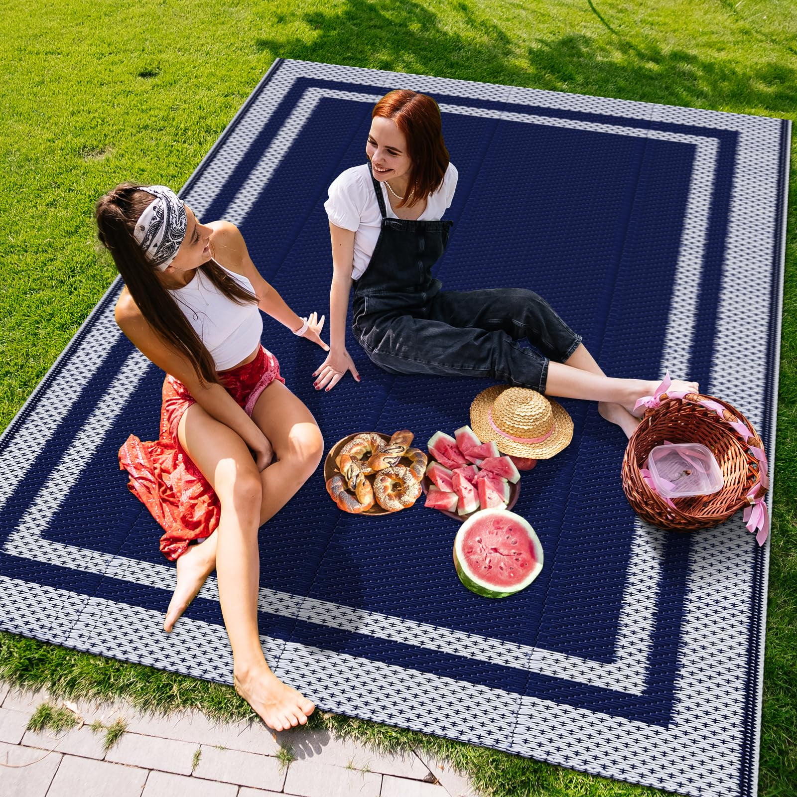 Flngr Waterproof  Outdoor Rug, 8 x 10 ft Reversible Patio Rugs, Outdoor Area Rug Foldable Plastic Camping Rugs for Outside RV, Patio,Picnic,Camper,Balcony,Porch (Blue &White)