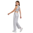 thumbnail image 5 of AOCHANG Girls Shiny Sequin Pants Dance Outfit with Mock Neck Metallic Crop Tops Jazz Hip Hop Disco Dancewear Silver 10, 5 of 6