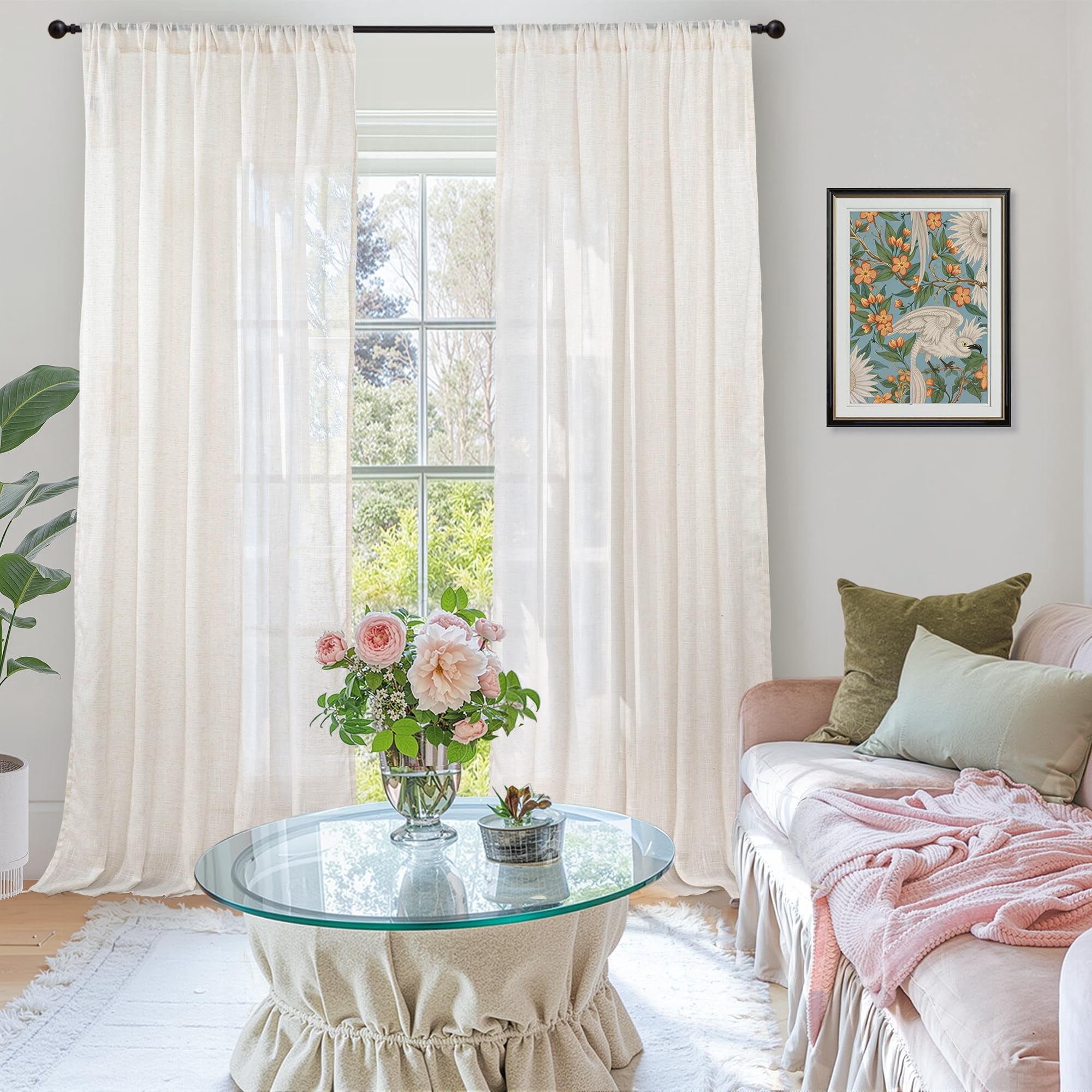 Linen Sheer Curtains 96 Inches Long For Bedroom  Natural Drapes Lightweight Living Room Dining Decor Floor Length Rustic With Rod Pocket Light Filtering 2 Panels Set 52 X 96 Inch