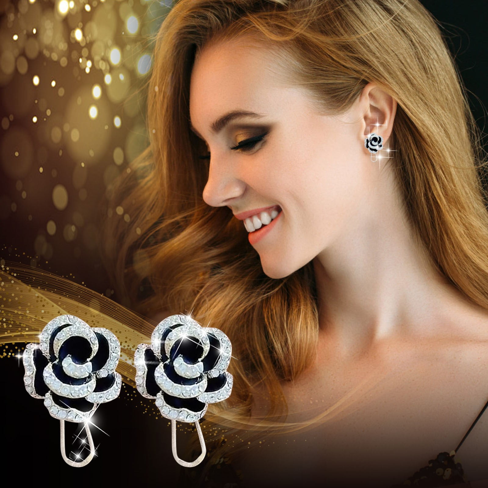 Jewelry Camellia Shaped Rhinestone Earrings Thin Dangle Gold Elegant Flower Earrings Wedding Women Accessories Jewelry Earrings For Women