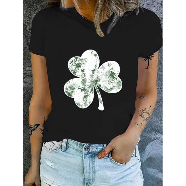 Camiseta básica para mujer de veranoWomen's Casual Black T-Shirt with Green Four-Leaf Clover Print, Short Sleeves- Machine Washable, IdeCamisetas de verano para mujer, manga corta, cuello redondo, c