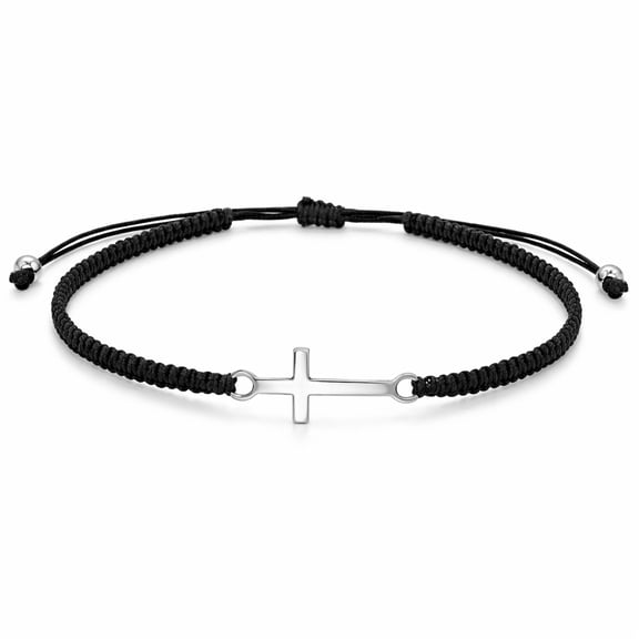 Stylish Sleek Faithful Cross Sterling Silver Charm Black Adjustable Bracelet