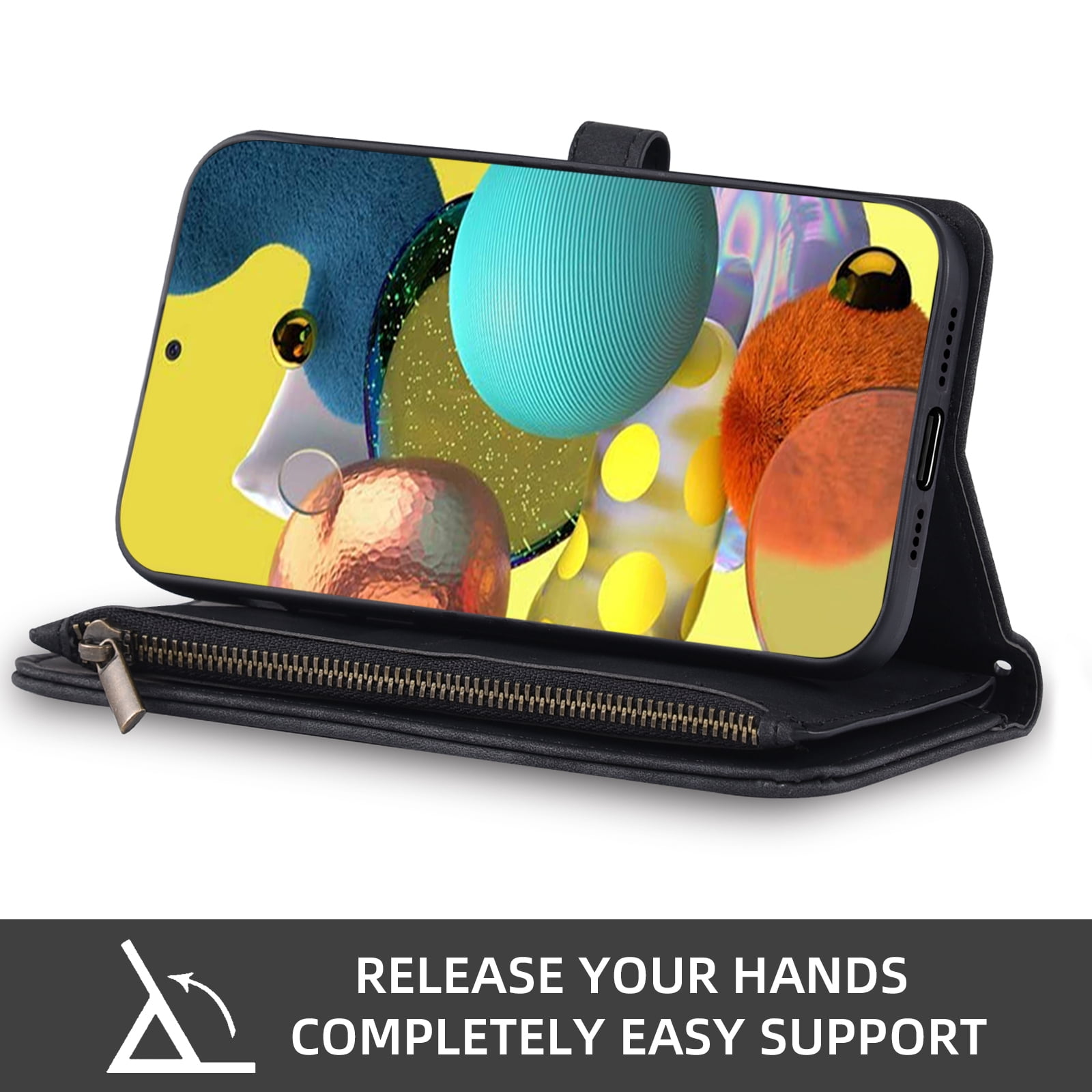 Asuwish Phone Case for Samsung Galaxy A51 4G Wallet Cover With Tempered Glass Screen Protector Crossbody Wrist Strap Flip Pattern Zipper Credit Card Holder Cell A 51 M40S 51A A515F S51 Women Black