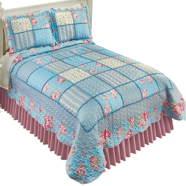 Abigail Blue Floral Patchwork Quilt with Scalloped Edges ...