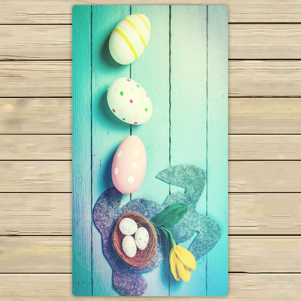 PHFZK Happy Easter Towel, Cute Rabbit and Colorful Eggs on Wooden Hand