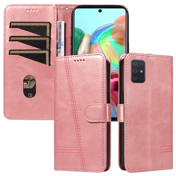 Flip Case for Samsung Galaxy A51 4G Dual SIM, 360 Degree Protection Shockproof PU Leather Wallet Phone Cover, Kickstand and 3 Card Slots, Rose Gold