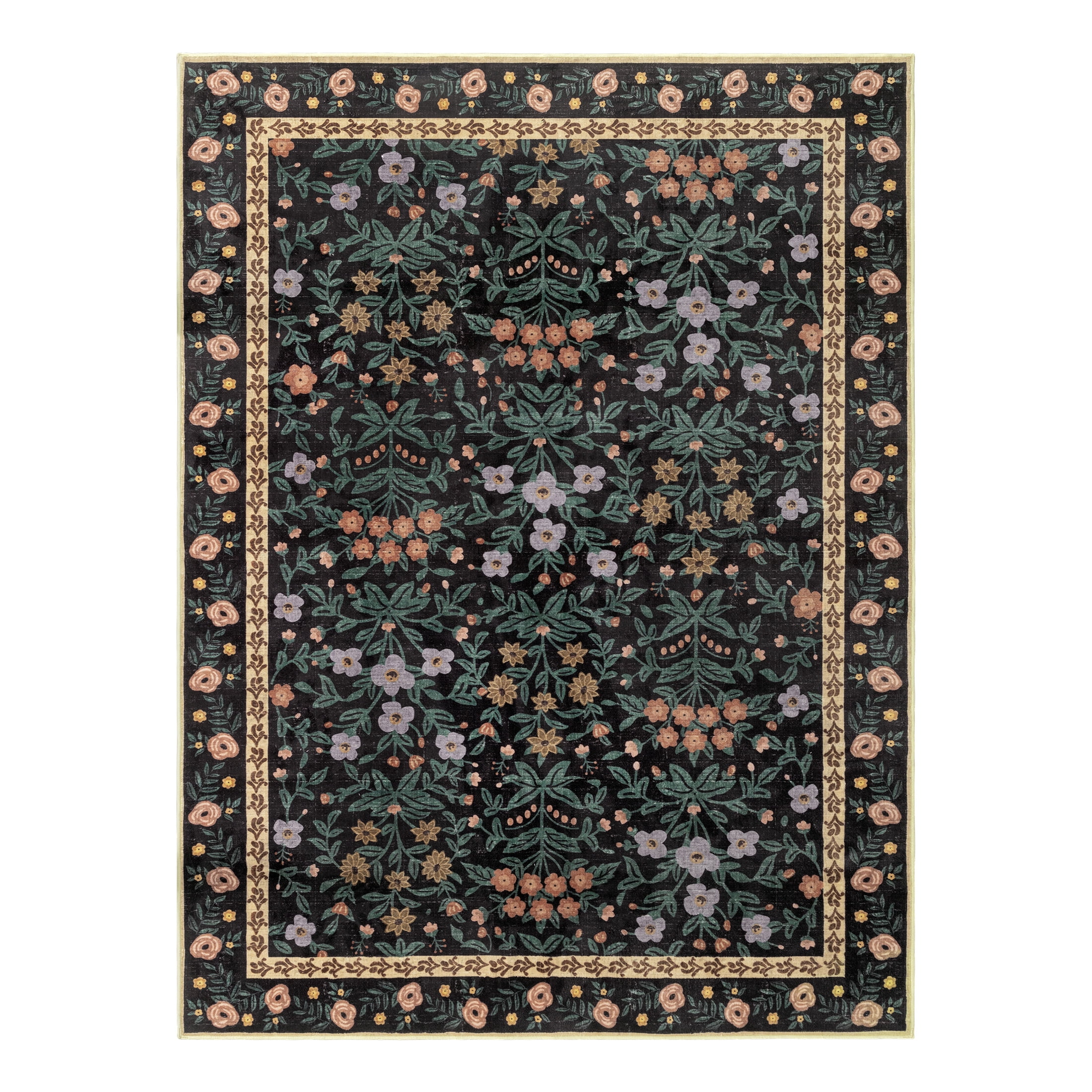 SORONO KATE 4'x6' Floral Area Rugs for Living Room, Machine Washable Oriental Vintage Distressed Non Slip Soft Indoor Area Carpet, Black/Green