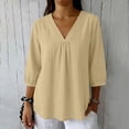thumbnail image 7 of ClodeEU Women's Summer 3/4 Sleeve V Neck Linen Shirt, Lightweight Tunic Top Loose Blouse Khaki,Womens Plus M, 7 of 7