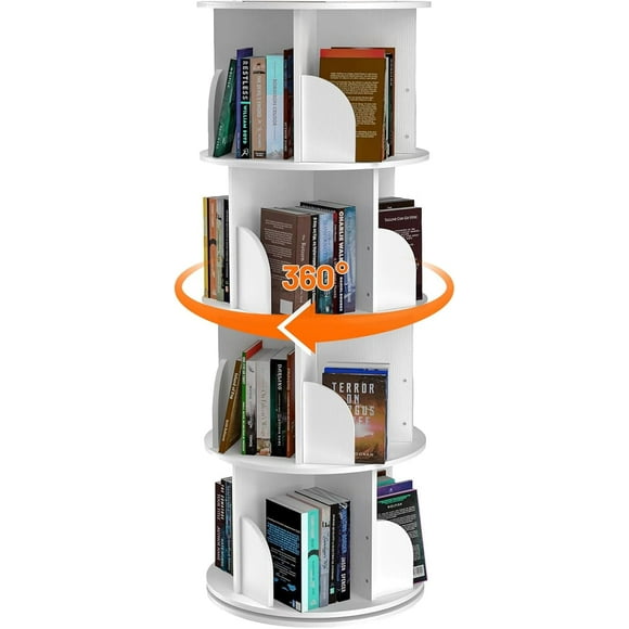 4-Tier Circular Rotating Bookshelf Tower, Swivel Spinning Lazy Susan Bookcase, 360-Degree Turning Revolving Round Carousel Storage,White