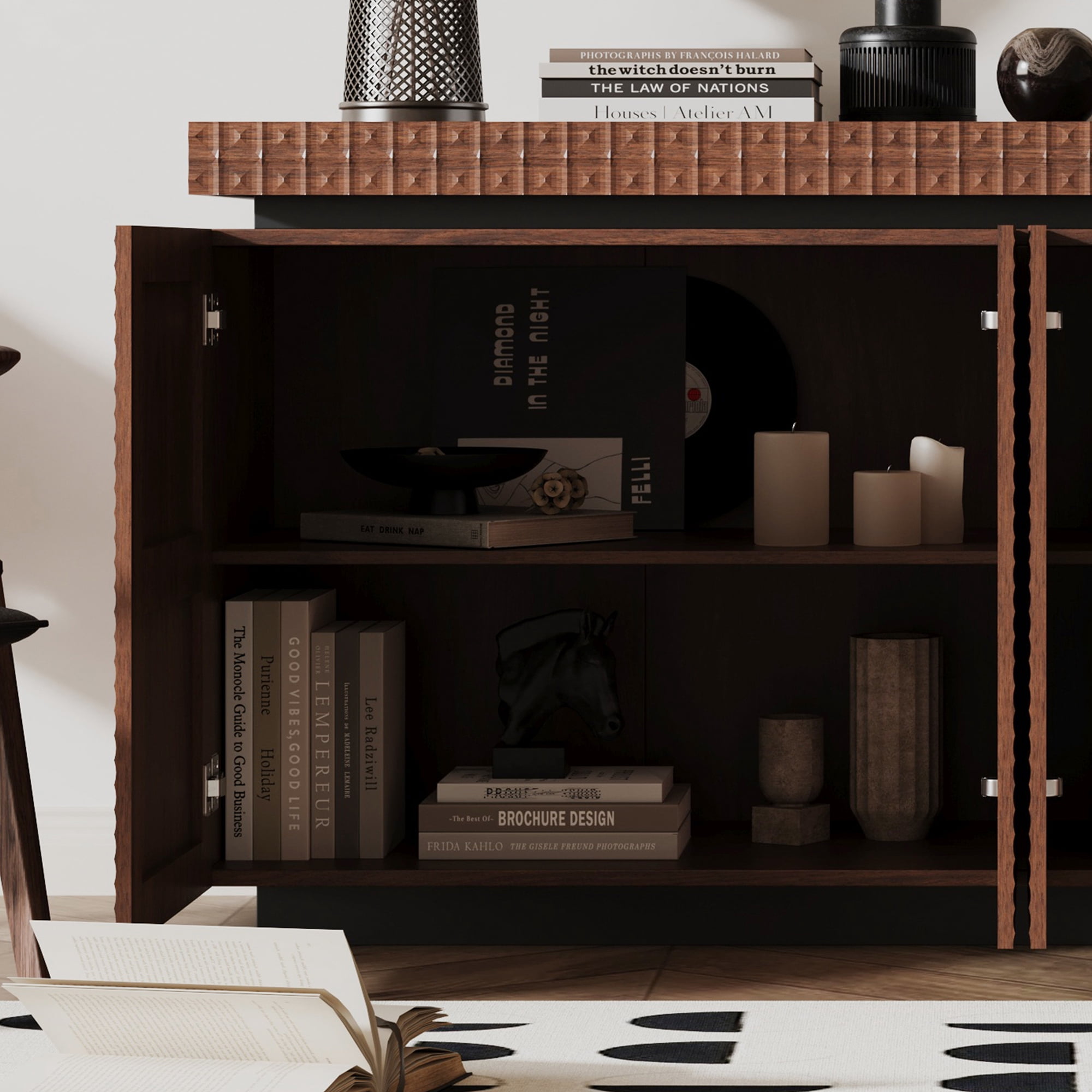 Homy Casa 58.3 in Modern Textured Sideboard Buffet Cabinet, 4-Door Storage Credenza, Antique Brown
