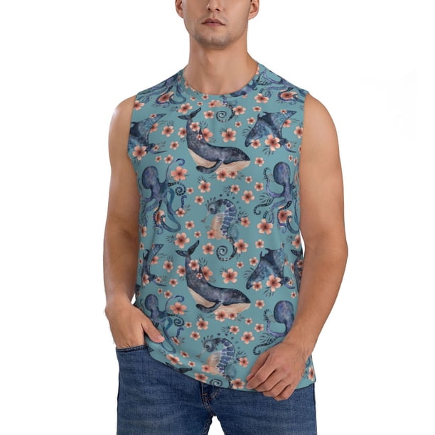 Balery Underwater Animals and Flowers Camisetas sin mangas para hombre, absorbe la humedad y protege contra el mal olor.-Large