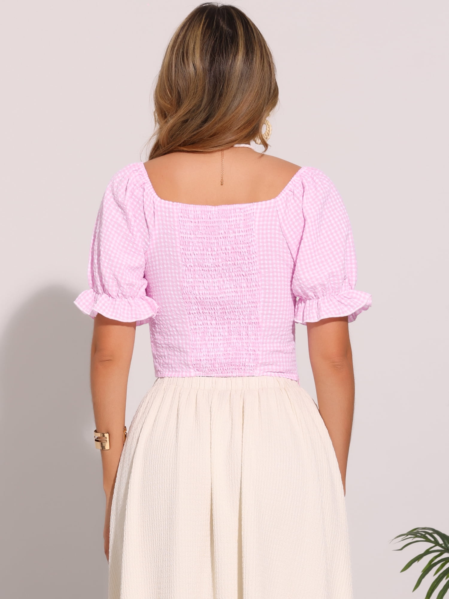 DARING DIVA Women's Smocked Crop Bubble Sleeve Peasant Gingham Tops XL Light Pink