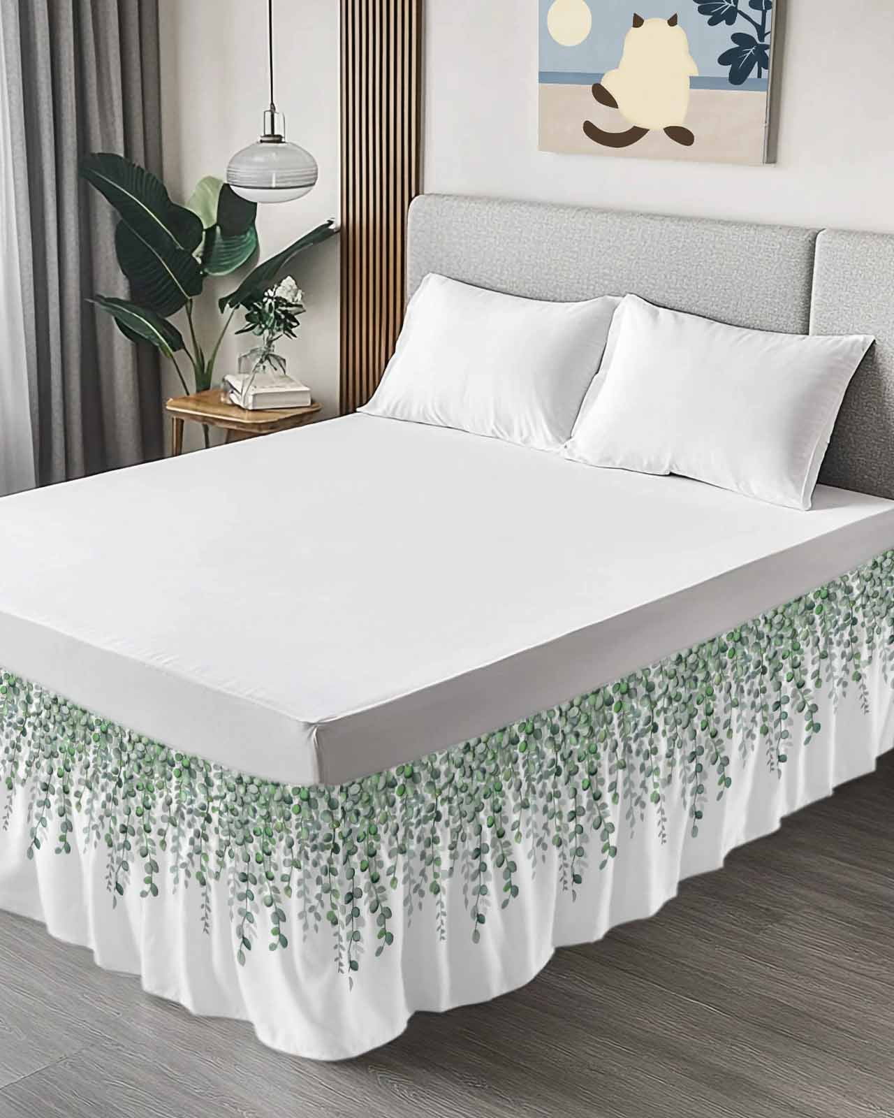 Spring Leaf Bed Skirt King Size 16 Inch Drop, Country Watercolor Green Eucalyptus Leaves Flora Plant Adjustable Elastic Dust Ruffles Bedskirt for King Bed Wrap Around Pleated Mattress Frame Cover