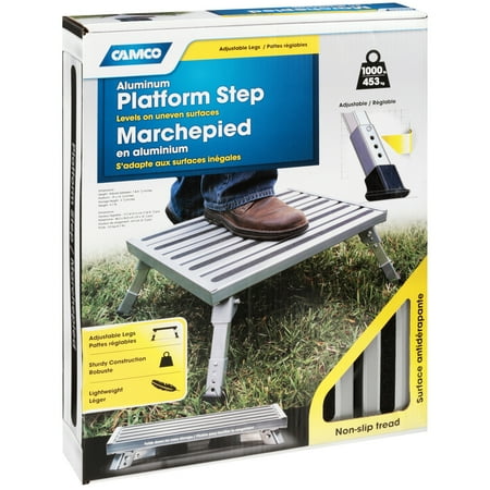 Camco Adjustable Height Platform Step | Supports up to 1,000lbs. | Aluminum, Silver (43676)
